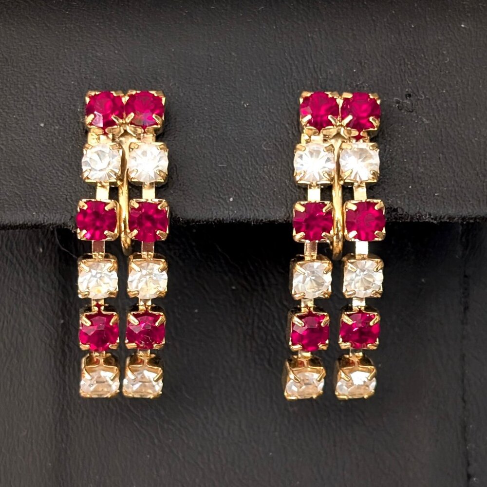 Trifari vintage red and clear cz dangle clip on earrings